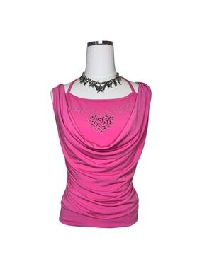 Y2K Toto Pink Halter Draped Heart-Embellished Slinky Top Size Extra Large